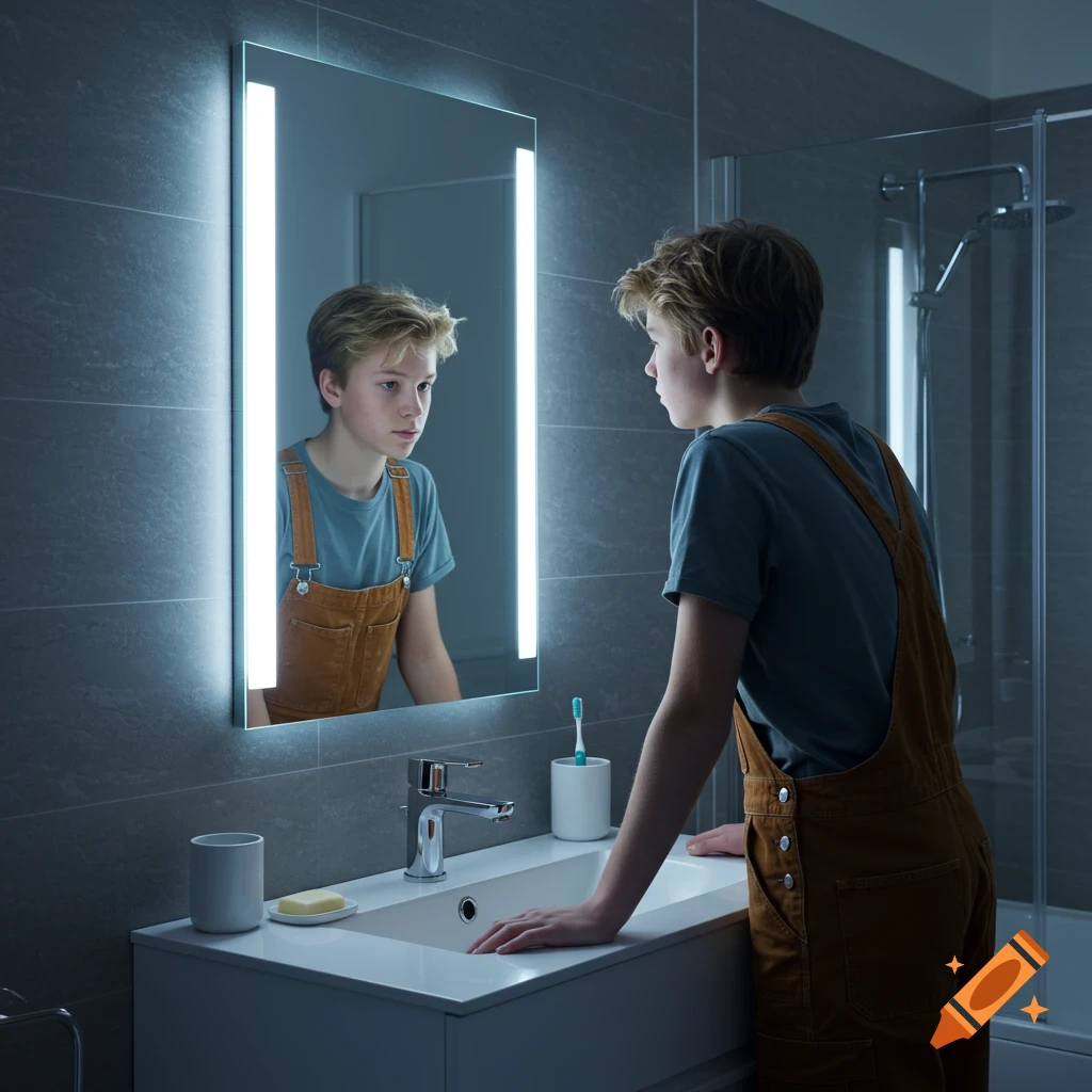 A 13-year-old boy in overalls looks at his reflection in a modern bathroom mirror with vertical LED lights above a white sink.