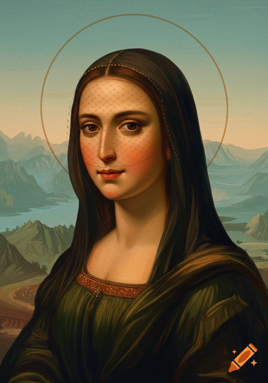 A sfumato portrait painting of a woman with an enigmatic smile, wearing a dark dress and light veil with a halo, against a misty mountain landscape.