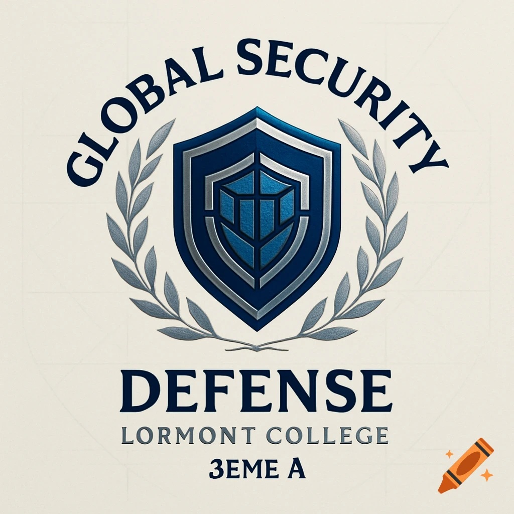 A blue and silver shield logo with text "GLOBAL SECURITY", "DEFENSE", "LORMONT COLLEGE", and "3EME A" framed by olive branches on a light background.