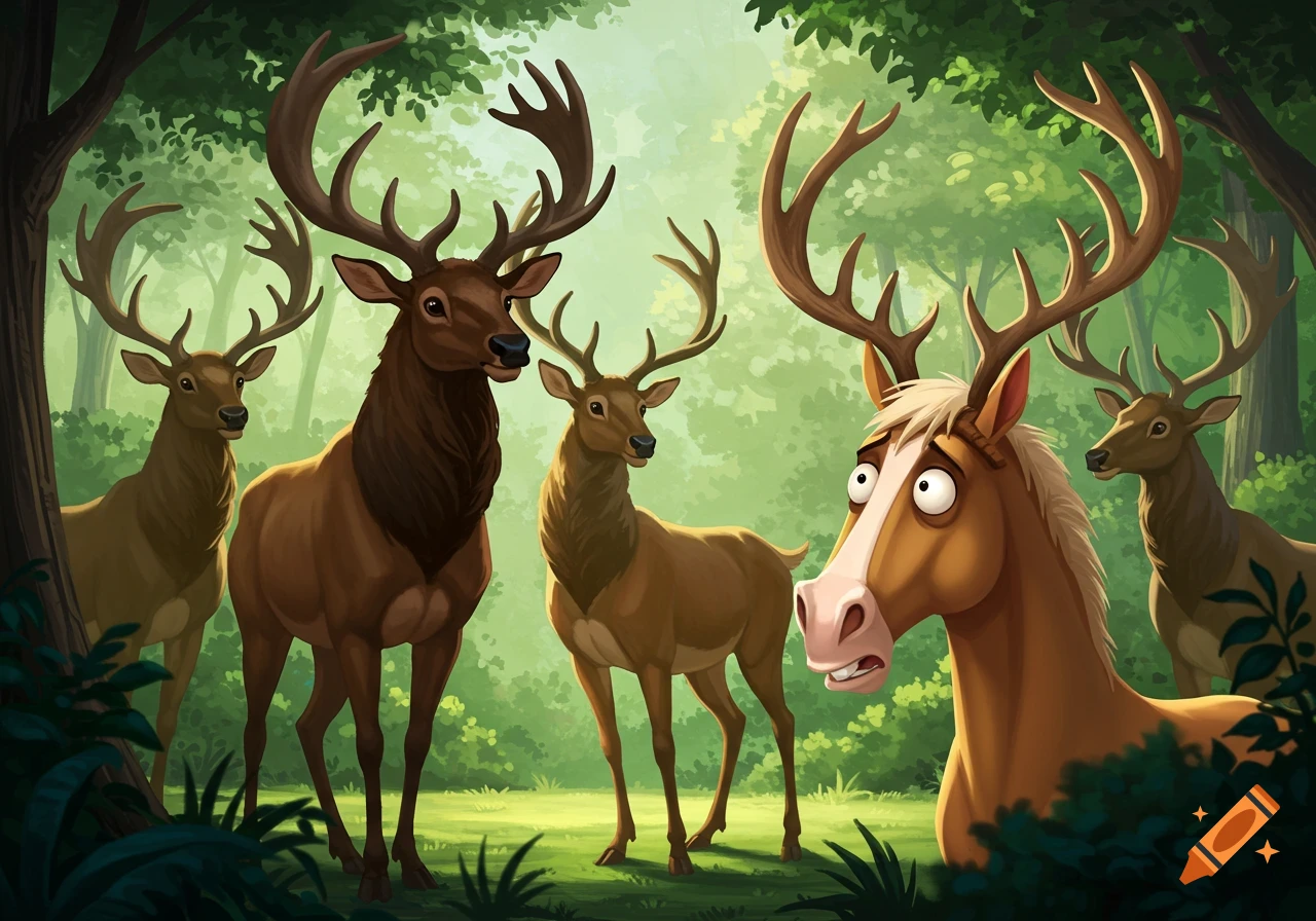 A worried cartoon horse wearing fake antlers hides among a herd of elk in a lush forest.