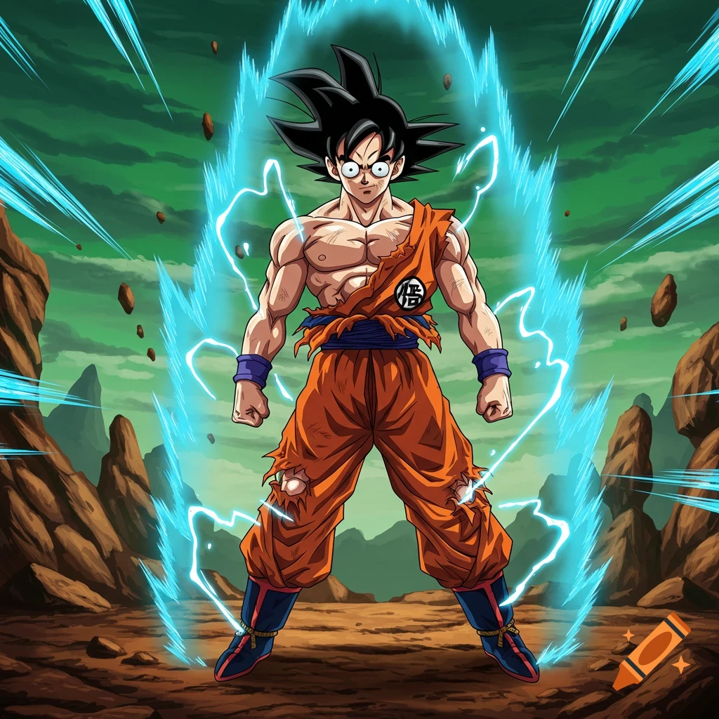 Goku with googly eyes, powering up with a blue aura in a rocky landscape, Dragon Ball Z anime style.