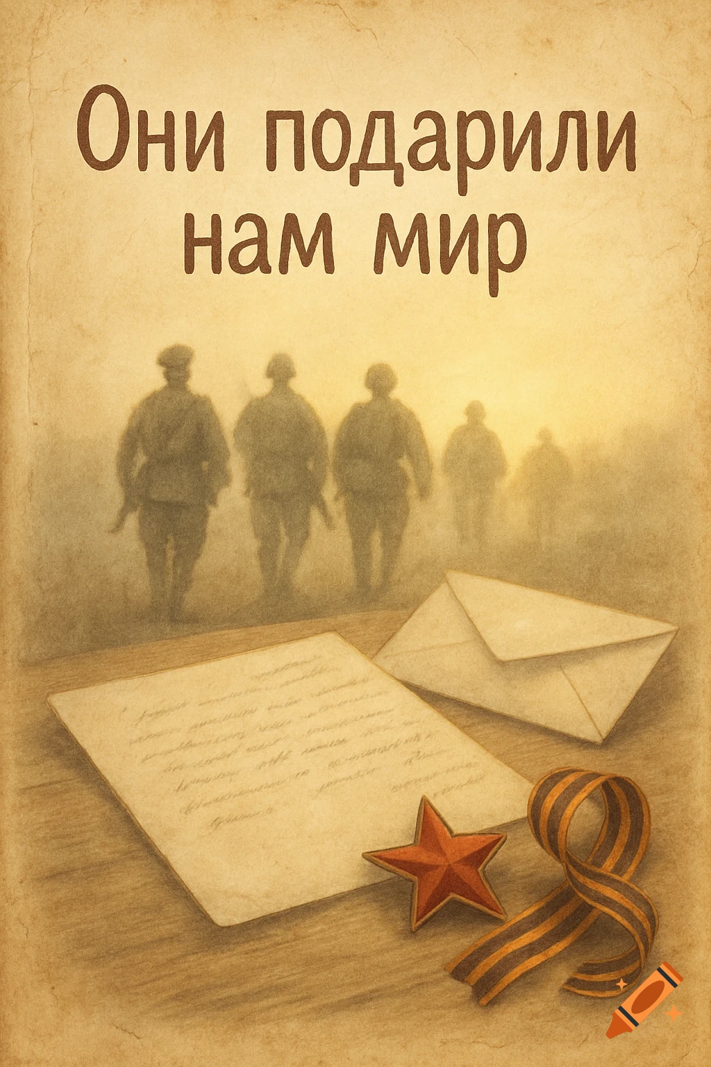 Vintage illustration of soldiers walking into the mist, with a letter, red star, and St. George's ribbon on old paper. Text says "They gave us peace."