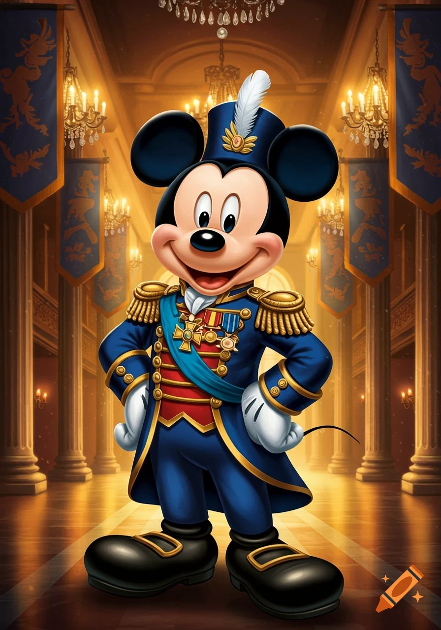 Mickey Mouse in a detailed blue and gold military uniform stands in a grand, illuminated hall.