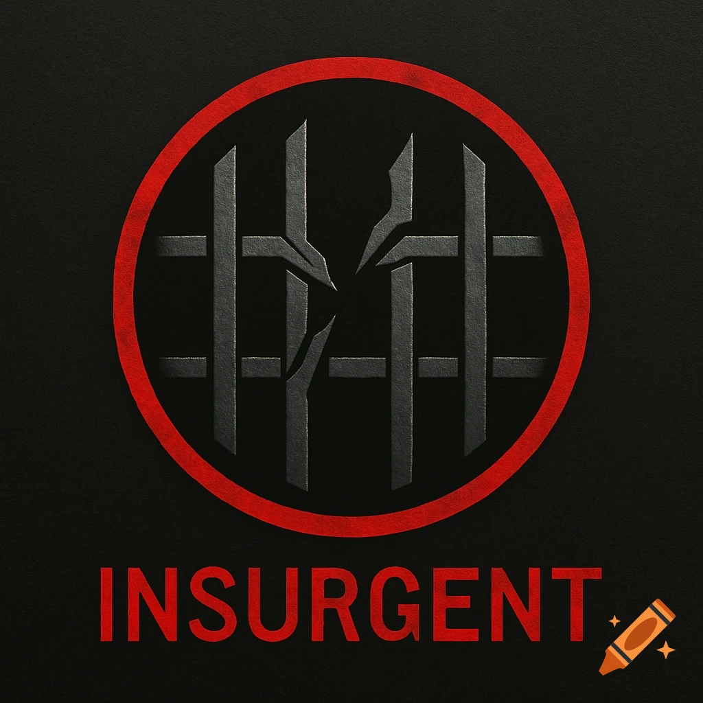 A minimalist dystopian logo featuring a dark gray broken fence within a red circle, with the word INSURGENT in red text below.