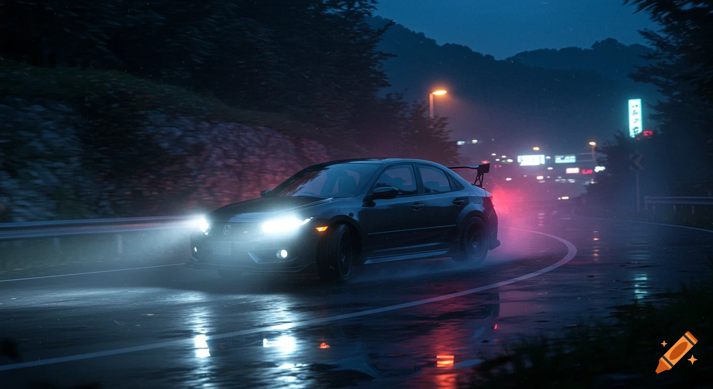 A black Honda Civic drifts on a wet mountain road at night in Japan, illuminated by bright headlights and streetlights.