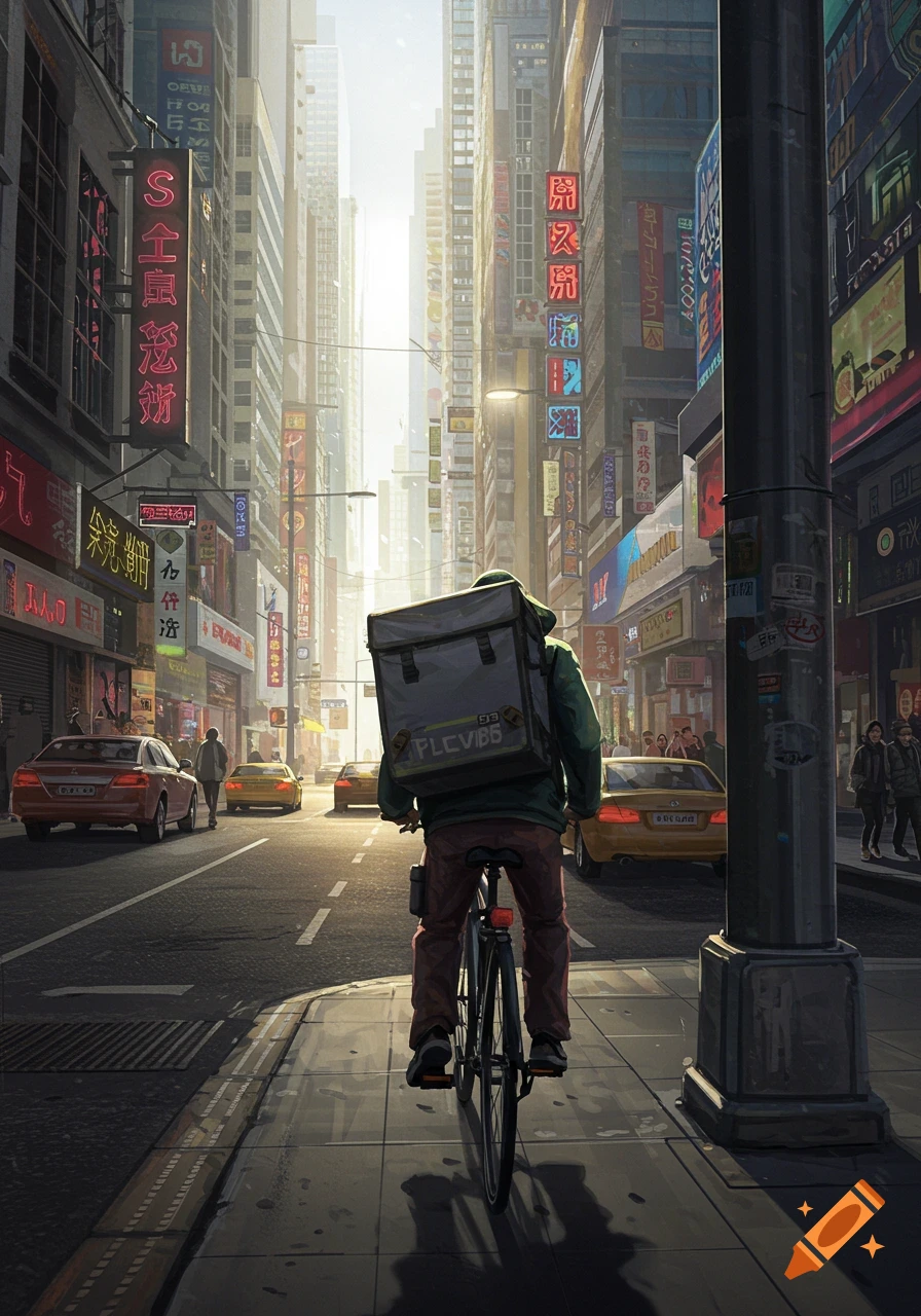 A delivery person rides a bicycle on a sunlit city street with tall buildings and glowing neon signs, realistic art style.