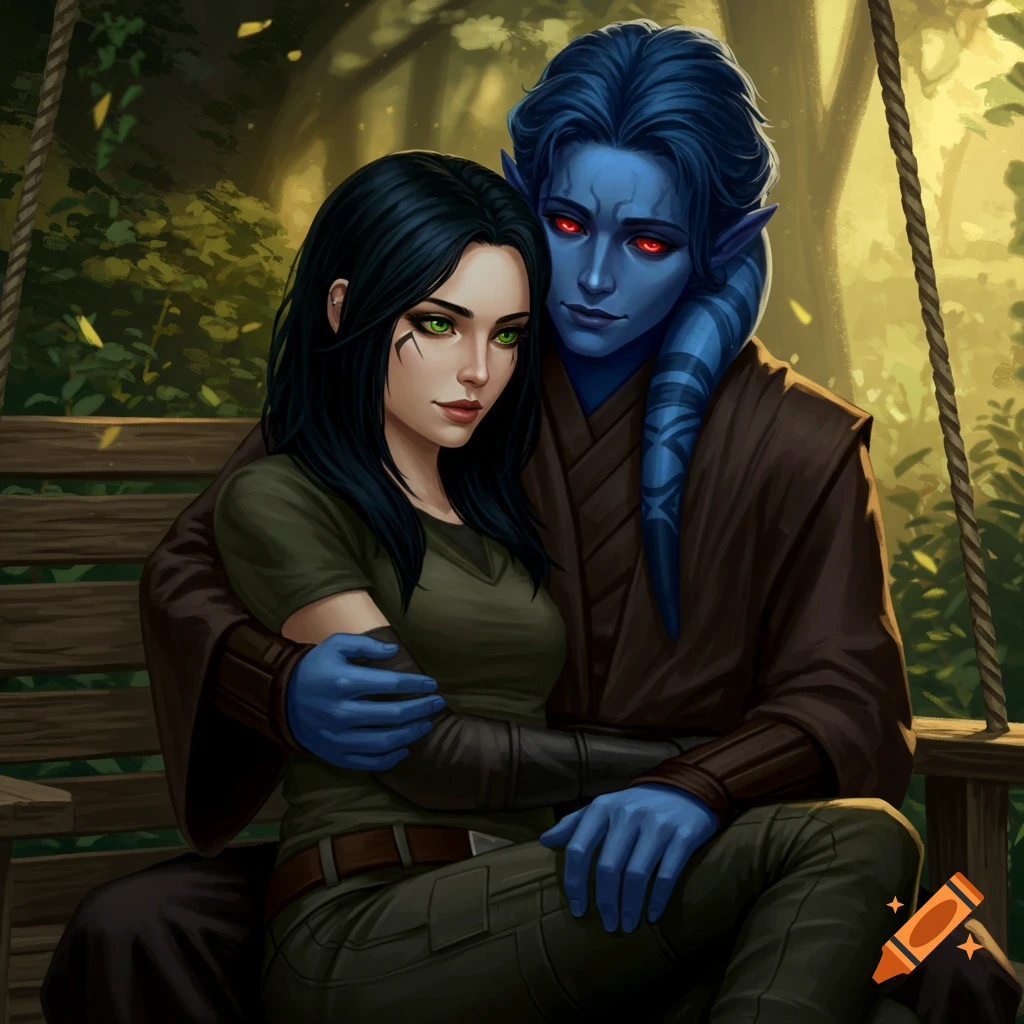 A digital painting of a dark-haired woman leaning back into a blue-skinned man with red eyes on a wooden swing in a forest.