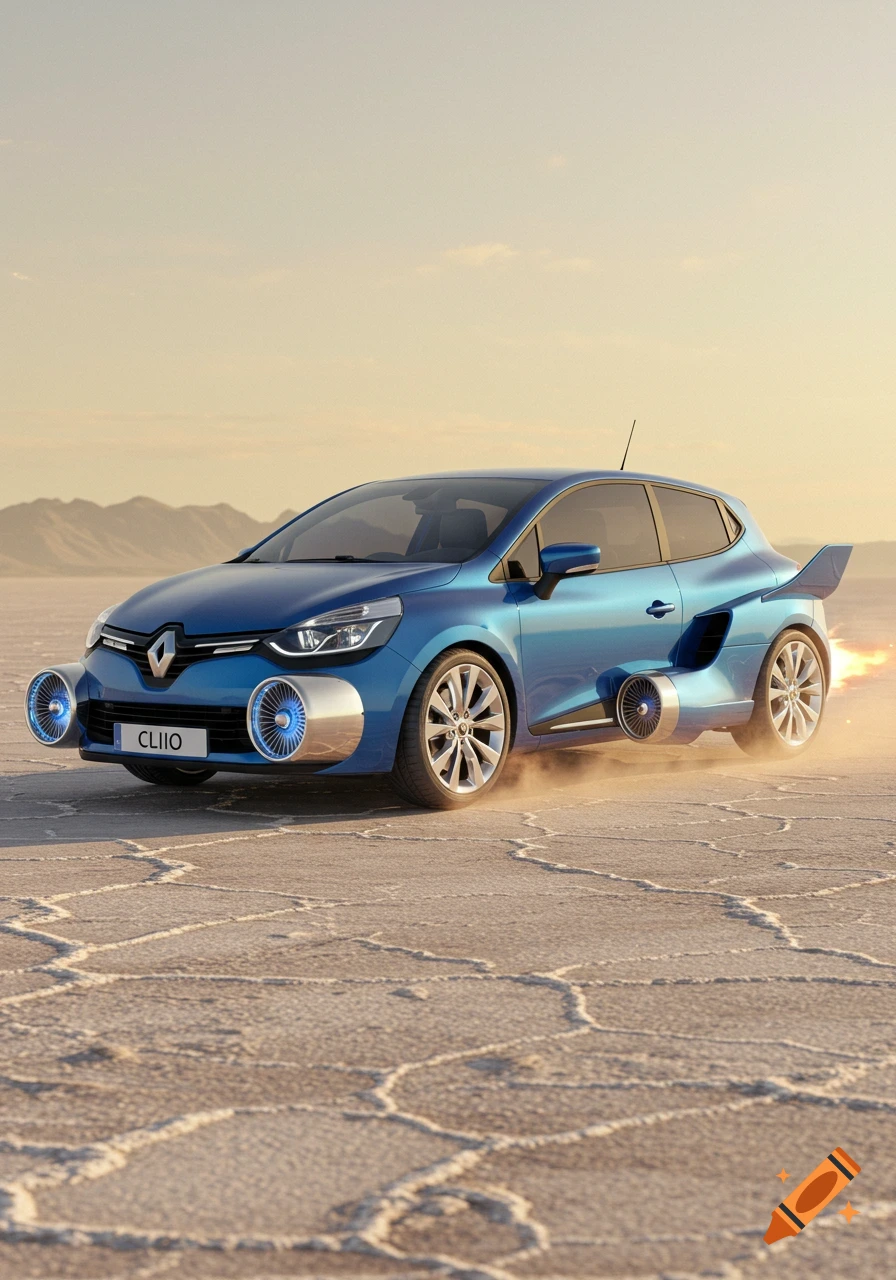 A blue Renault Clio with jet engines on its front and sides, kicking up dust while speeding across a cracked desert landscape.