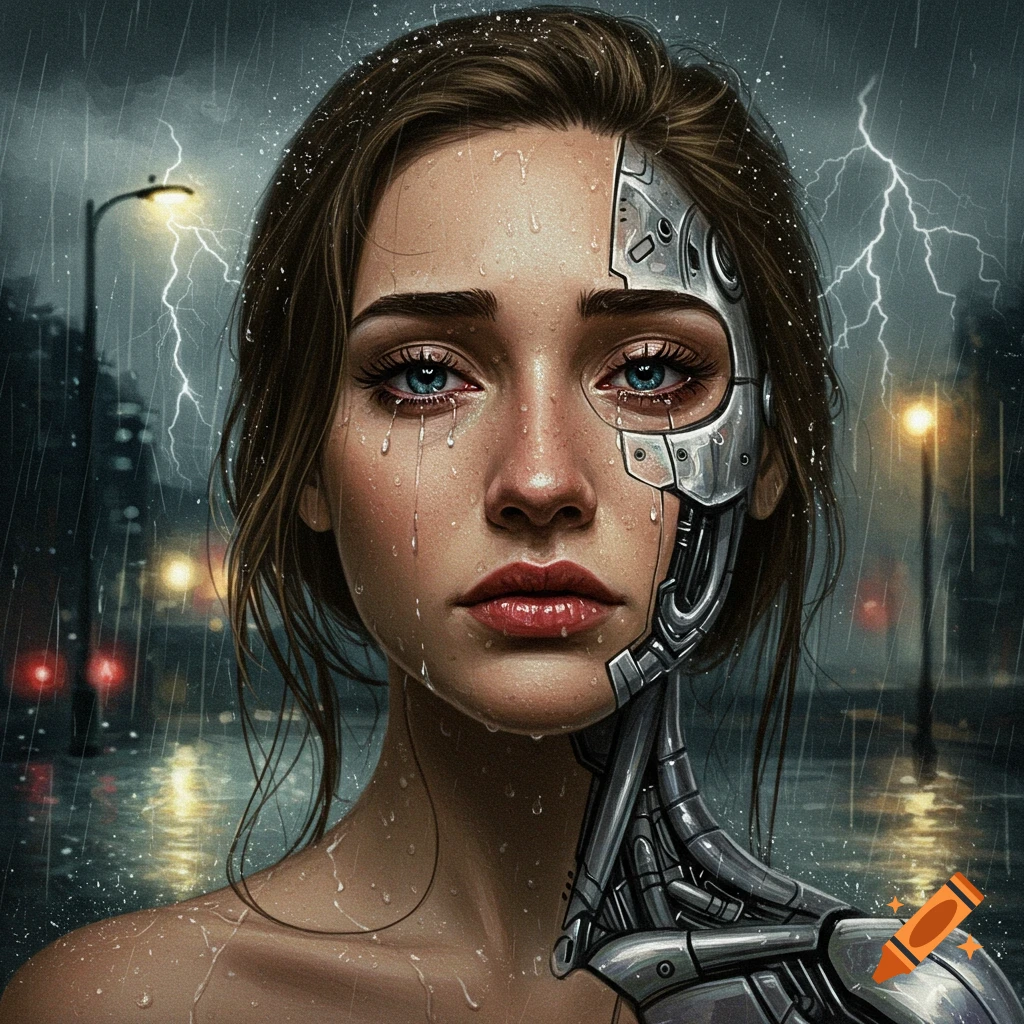 Oil painting of a crying cyborg woman in pouring rain on a dark city street at night, with lightning.