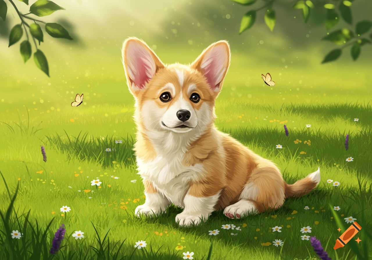 A cute cartoon corgi puppy with orange and white fur sits smiling in a sunny green field with small flowers and two butterflies.