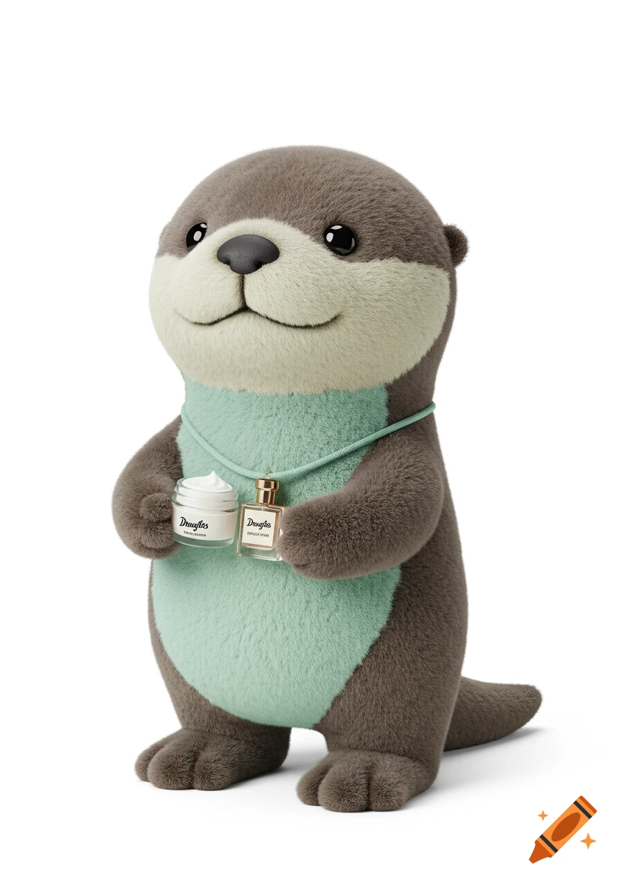 A friendly plush toy otter, brown with a mint green belly, holds a jar of cream and a perfume bottle against a white background.