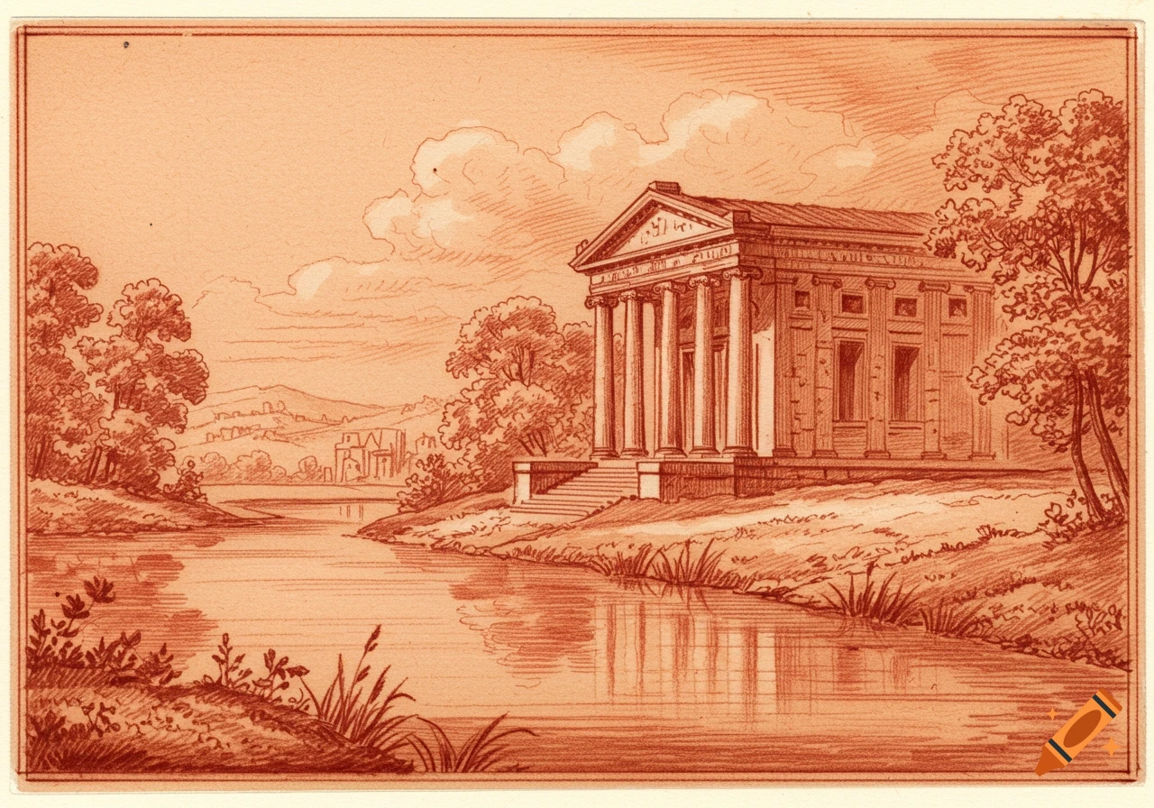 Sanguine drawing of an ancient temple with columns by a river, surrounded by trees and distant hills.