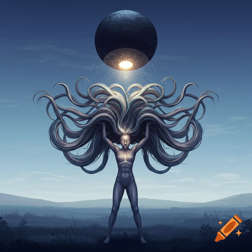 Stylized figure with flowing hair lifting a dark sphere under a blue sky in a surreal landscape.