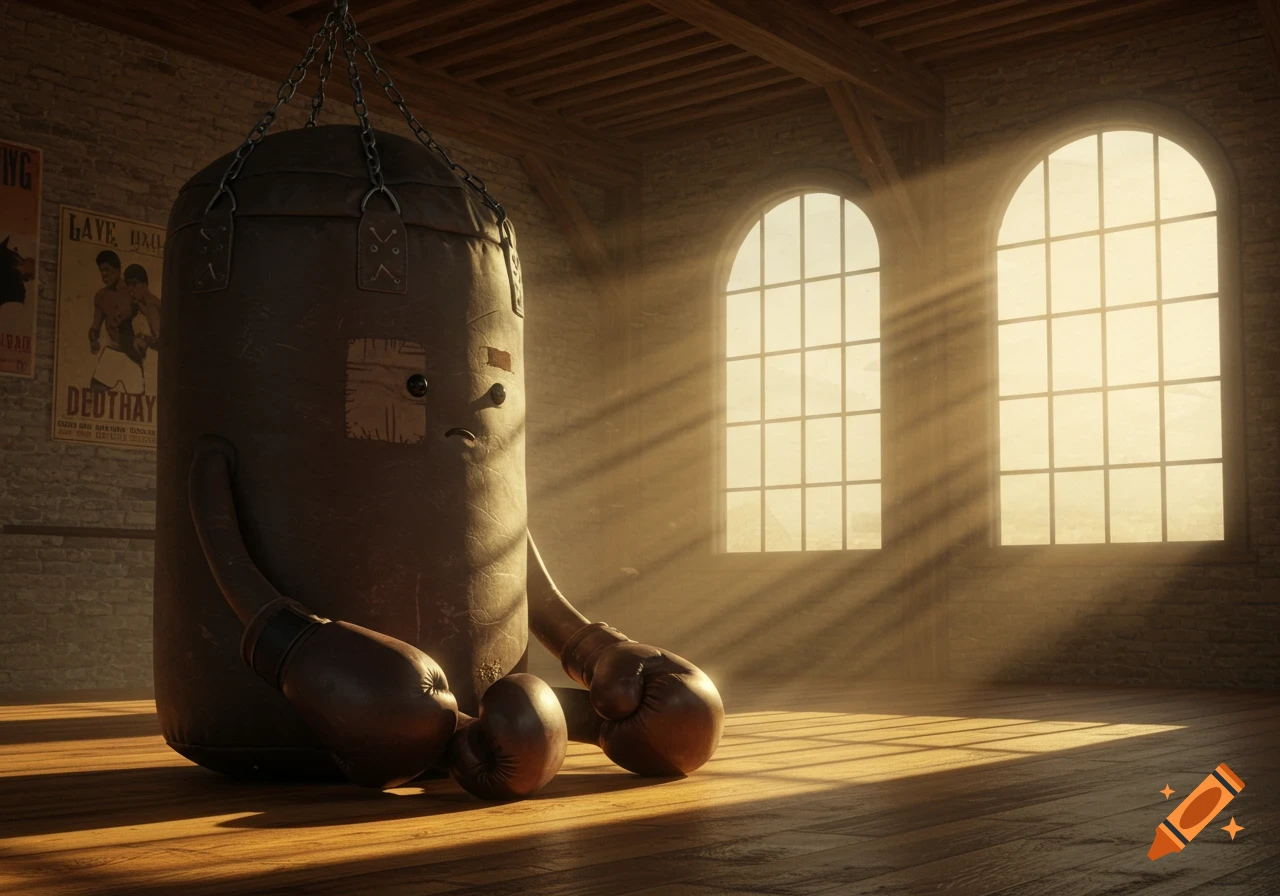 A sad, cartoonish boxing bag sits dejectedly on a wooden floor in a sunlit gym, wearing boxing gloves.