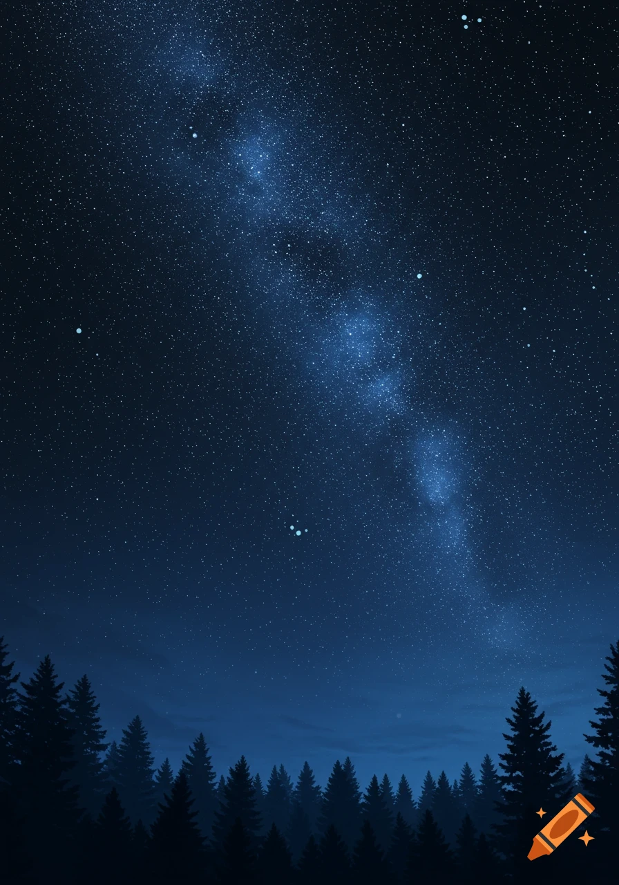 A crystal clear starry night sky with the Milky Way visible over a dark silhouette of a pine forest.