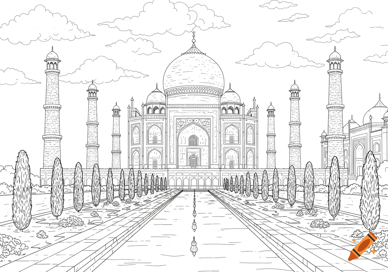 A detailed black and white line drawing of the Taj Mahal and its surrounding gardens for a coloring book.