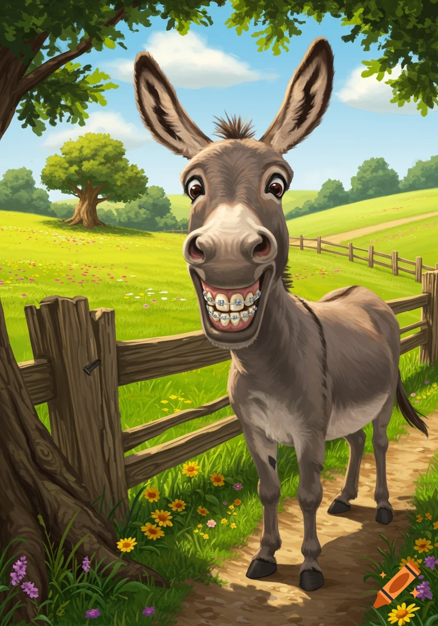 A funny cartoon donkey with braces smiles broadly in a green field next to a wooden fence.
