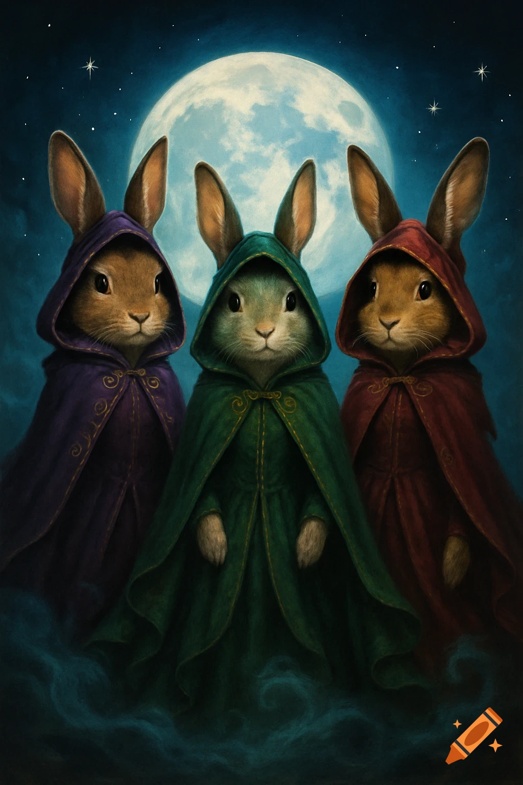 Three anthropomorphic bunnies in hooded cloaks stand under a full moon at night, in a painterly style.