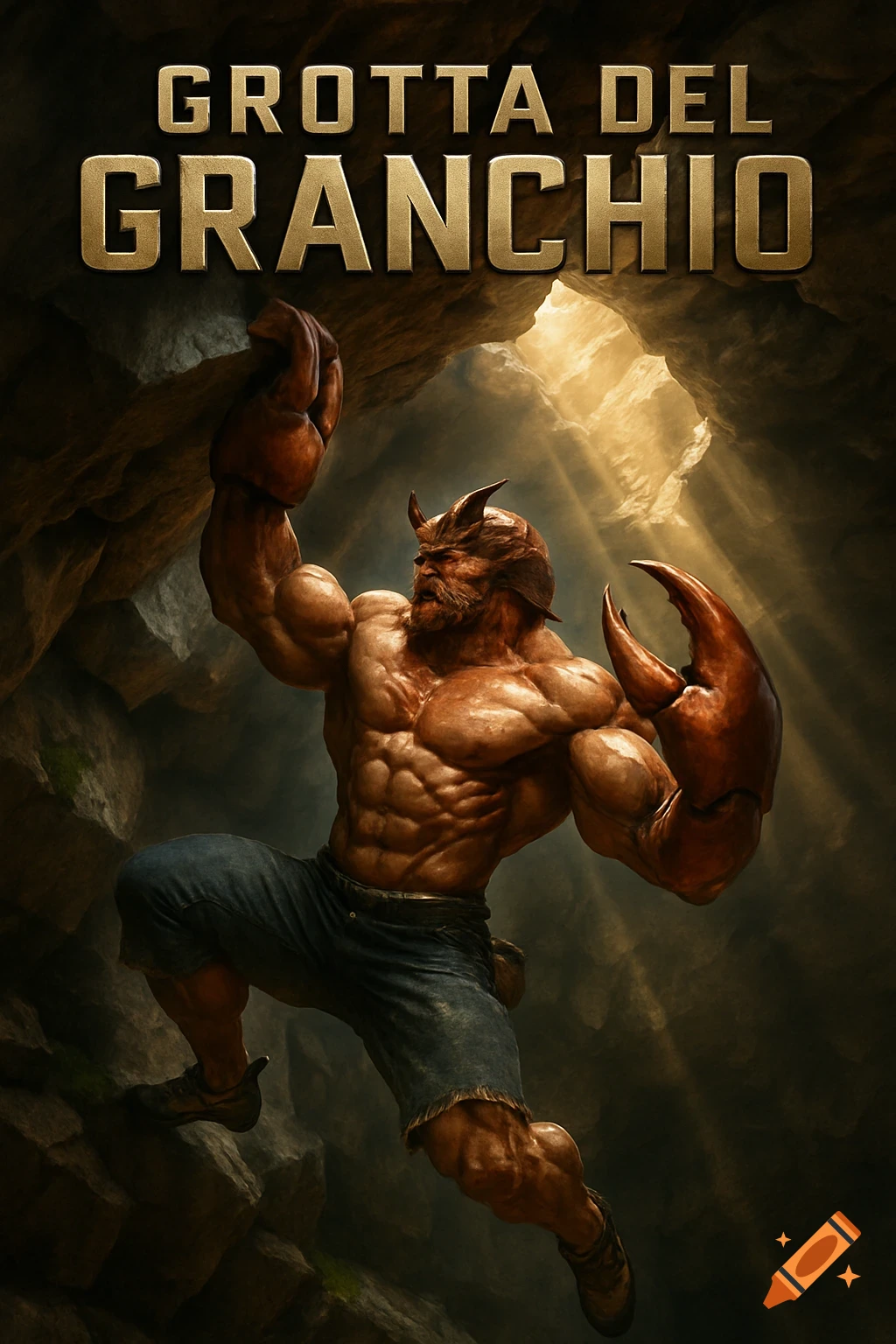 A muscular half-human, half-crab boulderer hangs from a rock in a cave, with 'Grotta del Granchio' text. Movie poster style.