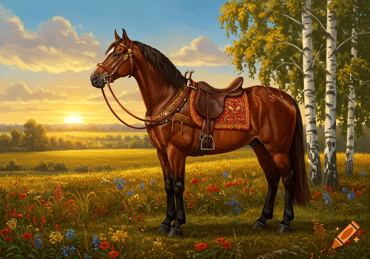 A majestic brown horse with an ornate saddle and bridle stands in a field of wildflowers near birch trees at sunset, in a painterly style.