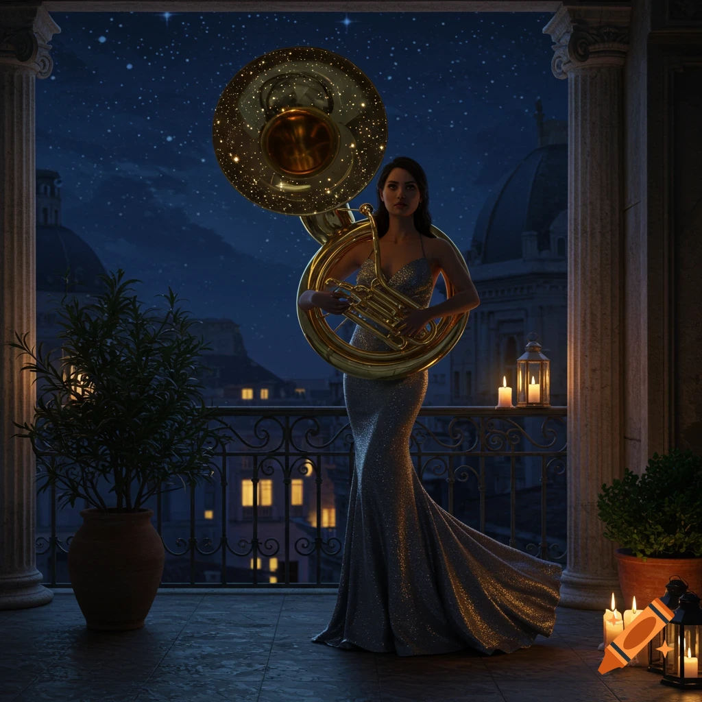 A woman in a sparkling dress holds a large, golden sousaphone on a balcony overlooking a city at night under a star-filled sky.