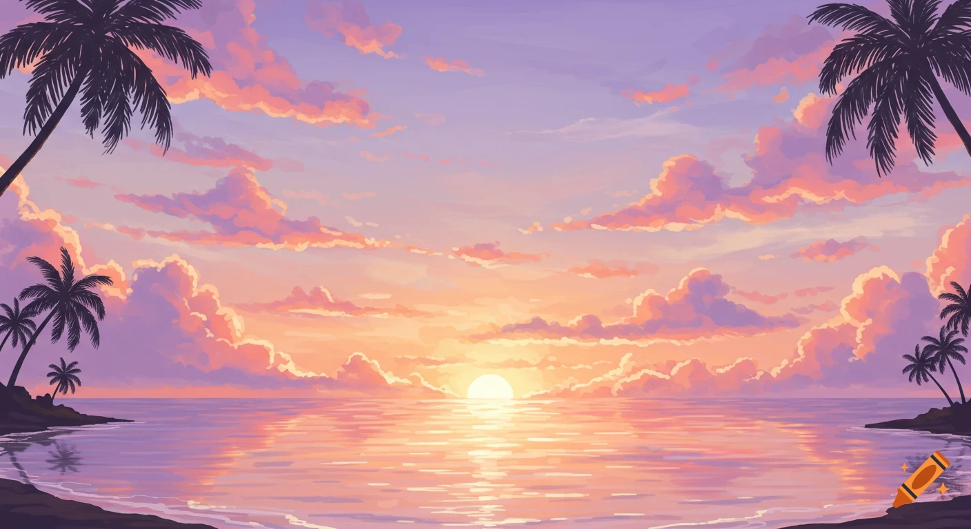 Pastel illustration of a vibrant tropical sunset over the ocean with silhouetted palm trees and sun reflections.