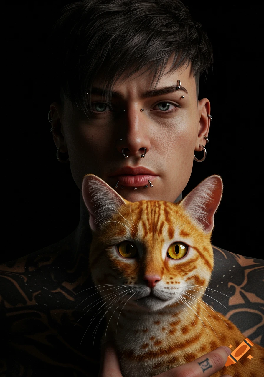 Hyper-realistic portrait of a young man with multiple facial piercings holding a golden-eyed orange cat against a black background.