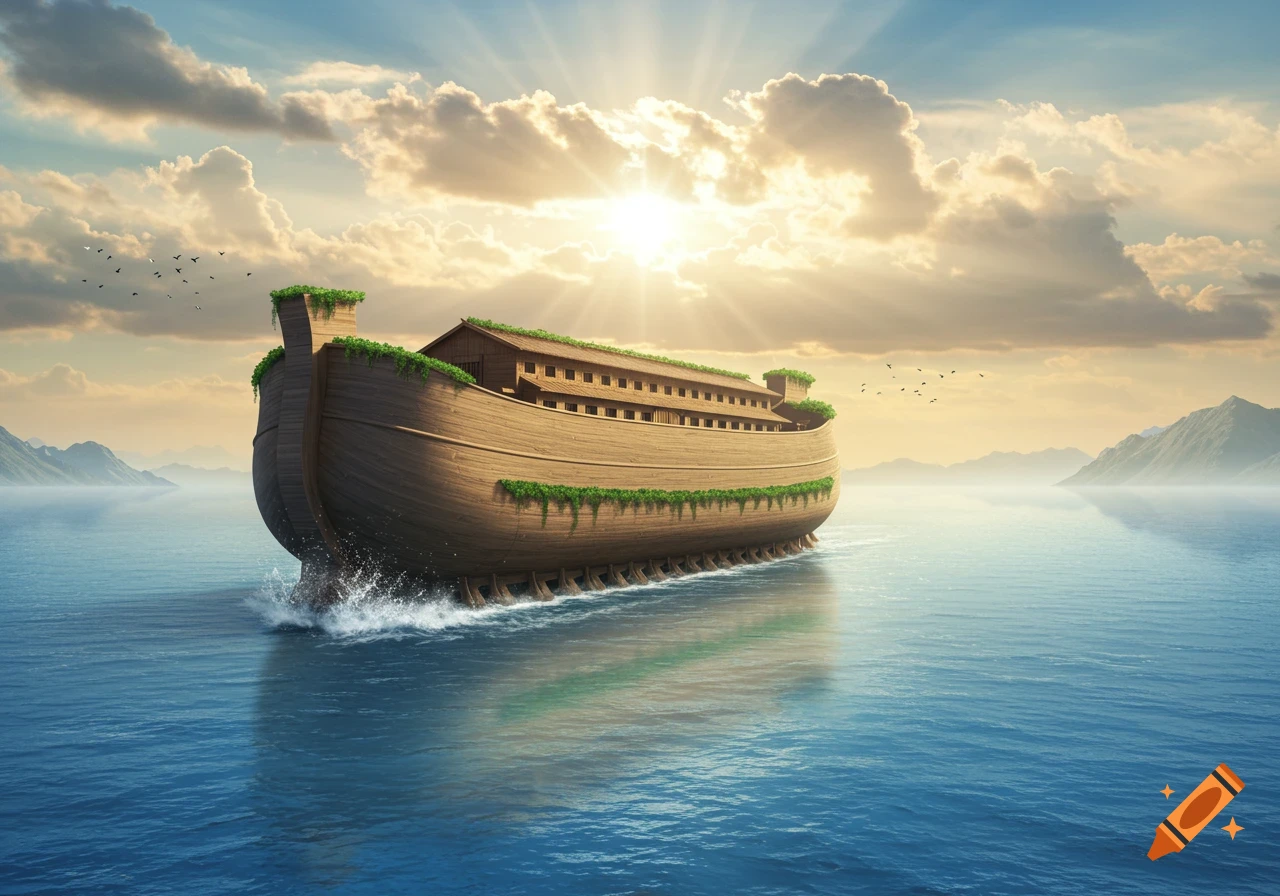 A large wooden ark with green foliage sails on a vast blue sea under a dramatic cloudy sky with sun rays and distant mountains.
