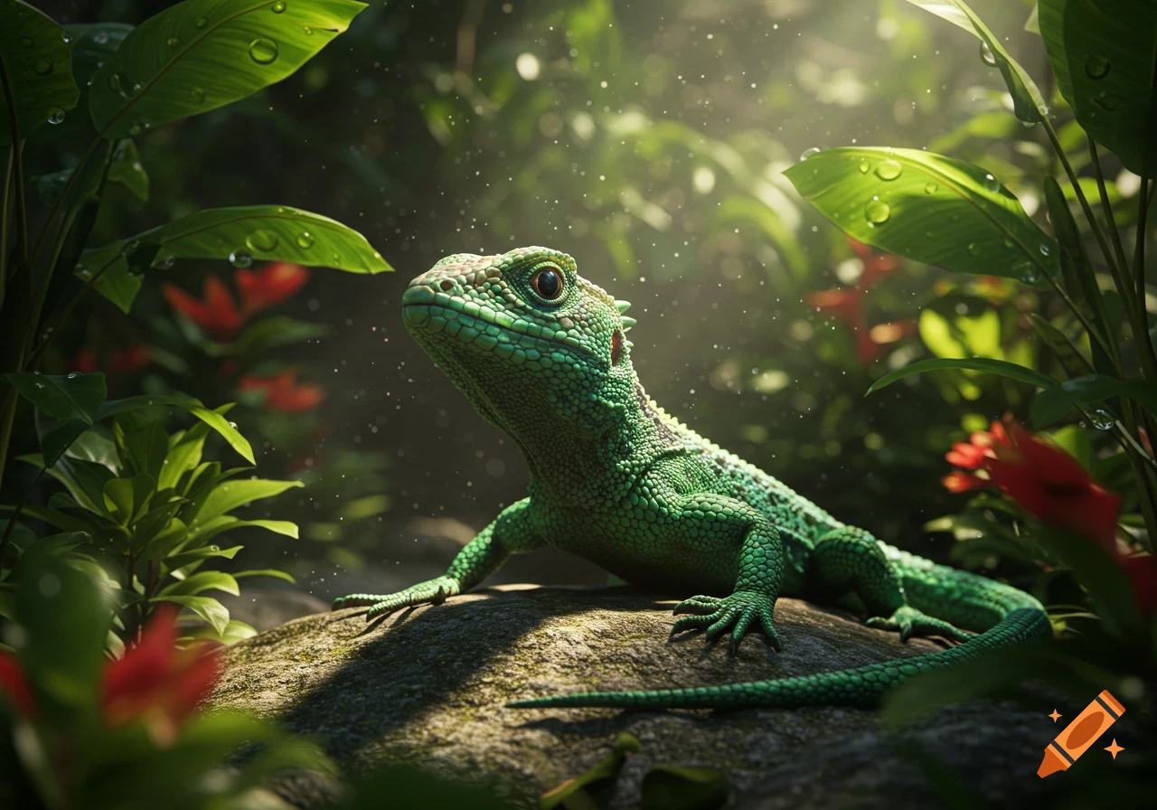 A vibrant green lizard with detailed scales perched on a mossy rock in a lush, sun-dappled jungle setting.