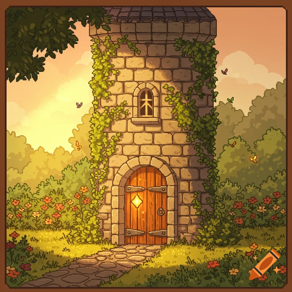 A pixel art illustration of an old stone tower covered in ivy, with a wooden door, surrounded by a sunny field of flowers and trees, with butterflies flying around.
