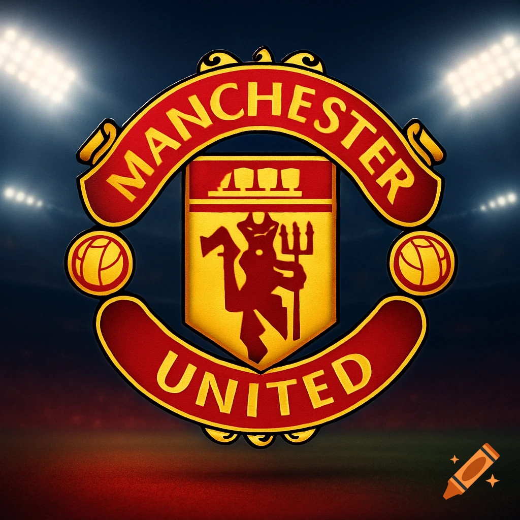Red and gold Manchester United football club logo with a devil, ship, and stadium background.