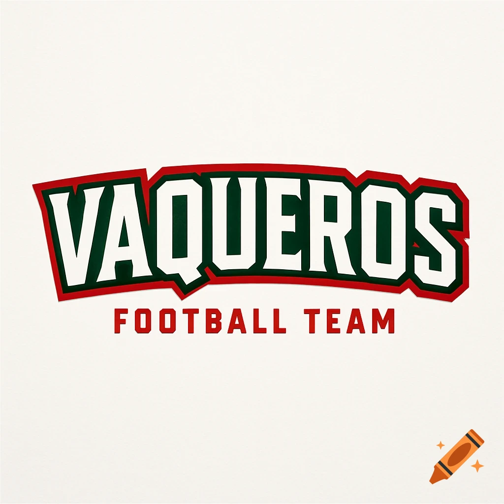 Bold green and white 'VAQUEROS' text with a red outline above smaller red 'FOOTBALL TEAM' text, on a white background.