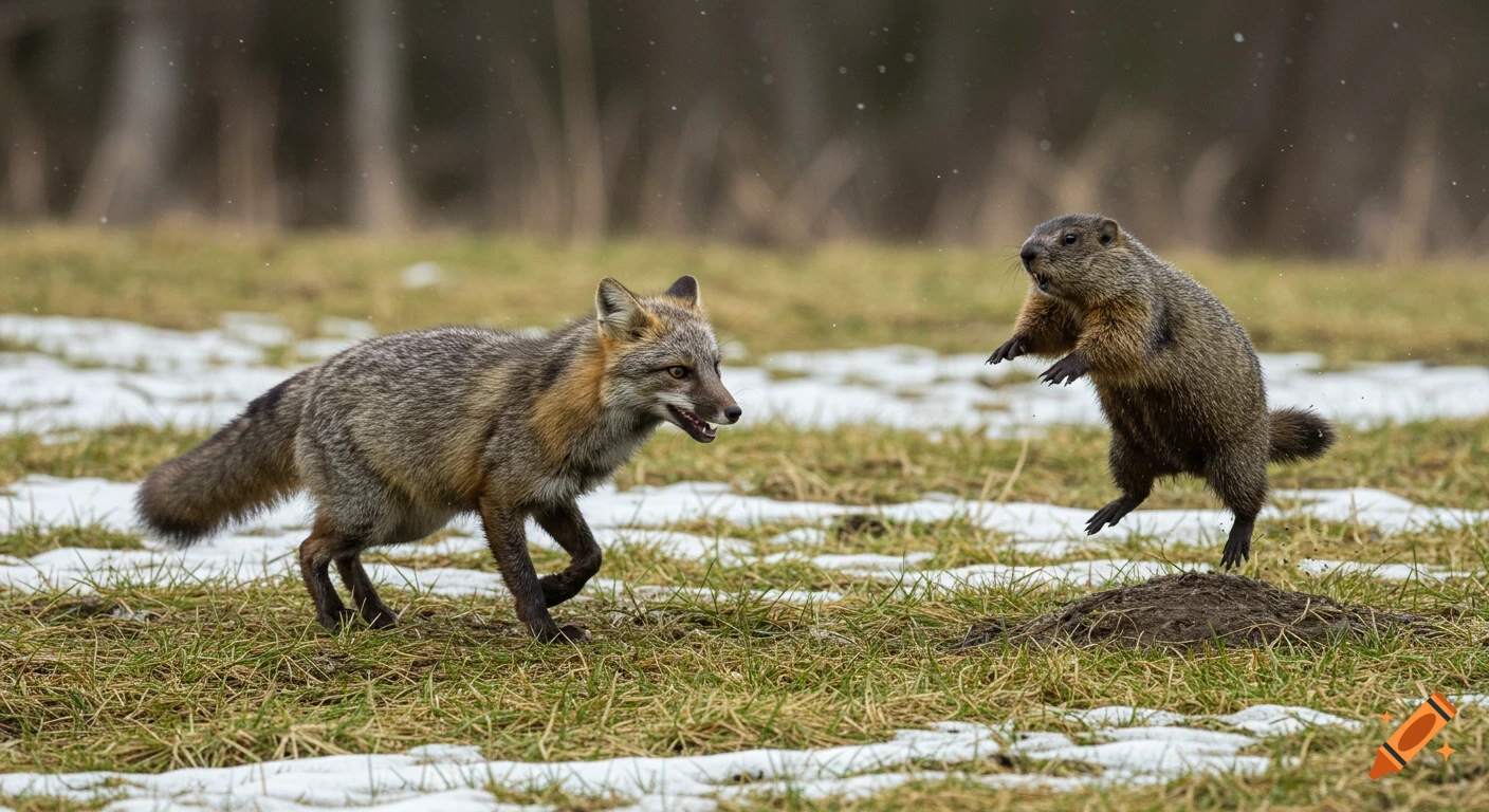 A fox on the left and a groundhog jumping on the right in a grassy field with melting snow. Photorealistic style.