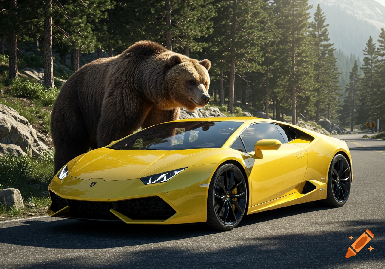 A large brown bear stands beside a yellow Lamborghini sports car on a mountain road through a pine forest, photorealistic.
