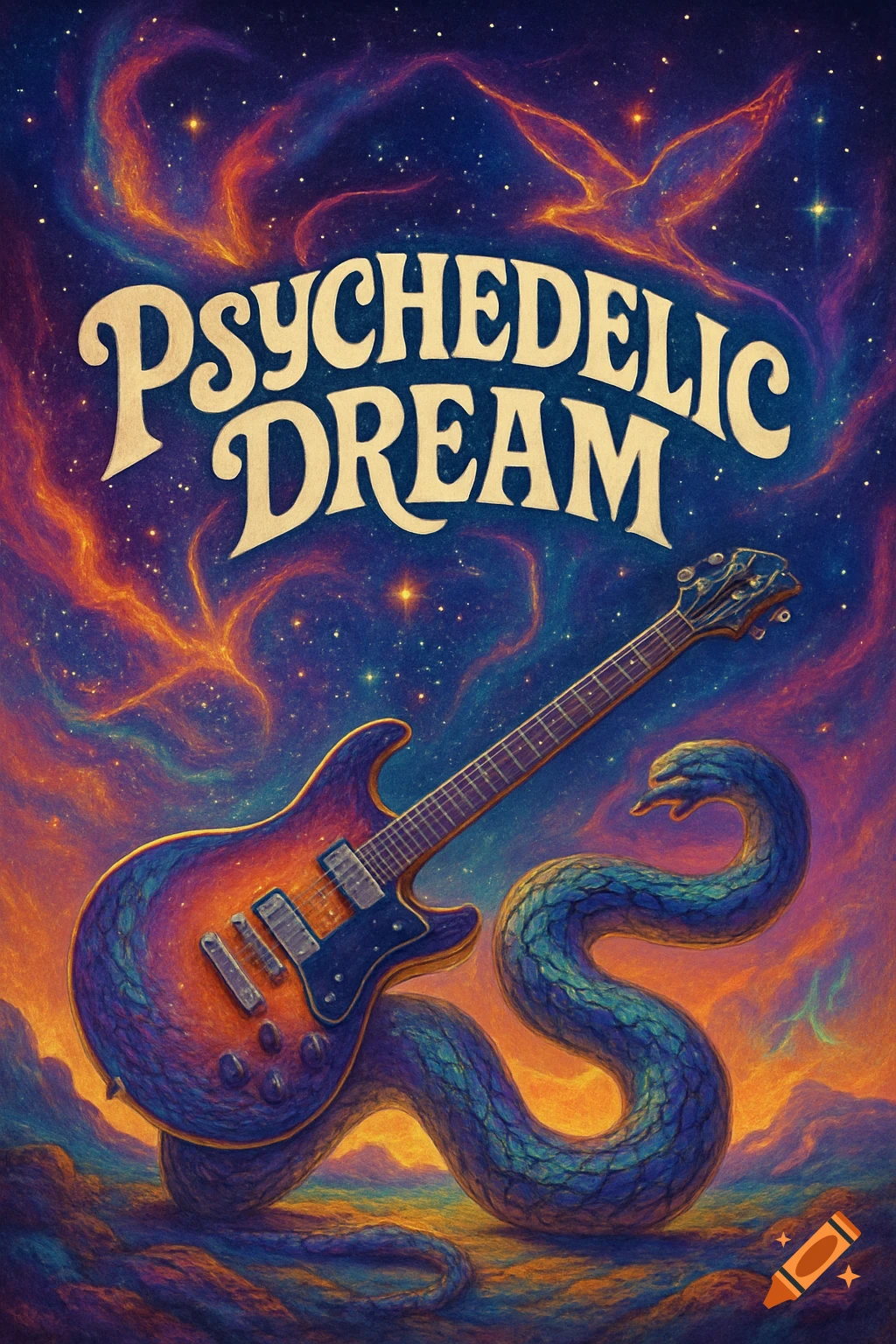 A psychedelic album cover featuring a colorful electric guitar wrapped by a snake, set against a starry, nebular sky with 'PSYCHEDELIC DREAM' text.