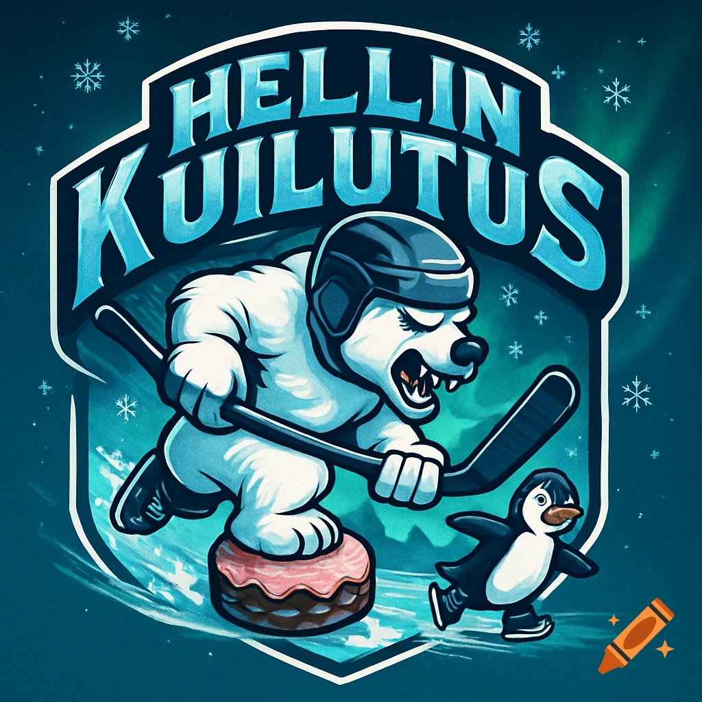 Cartoon hockey logo featuring a polar bear on skates hitting a puck (cake) with a stick, chasing a penguin. Text 'HELLIN KUILUTUS'.
