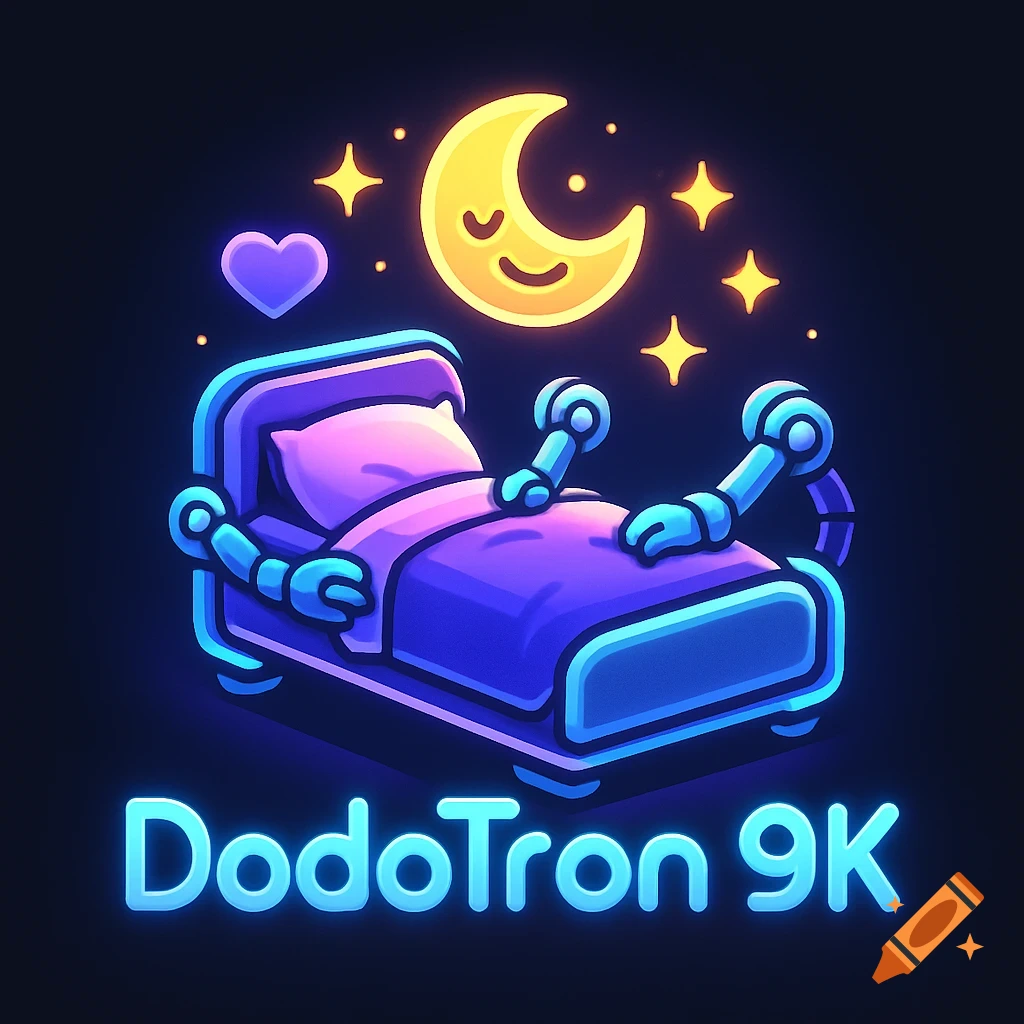 Futuristic logo of a robot sleeping in a glowing neon bed under a smiling moon and stars, with 'DodoTron 9K' text.