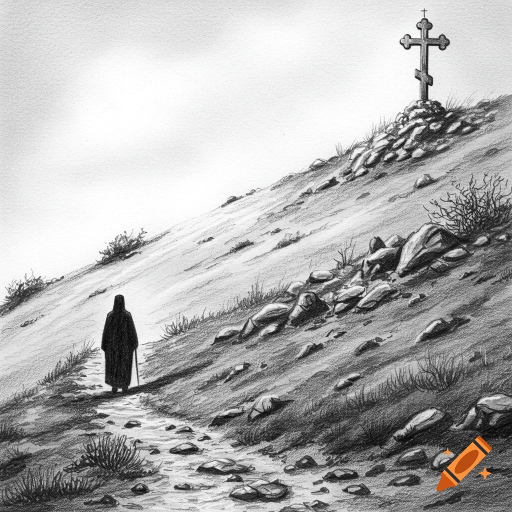 A black and white pencil sketch of an Orthodox monk walking up a path on a rocky hill towards an Orthodox cross.