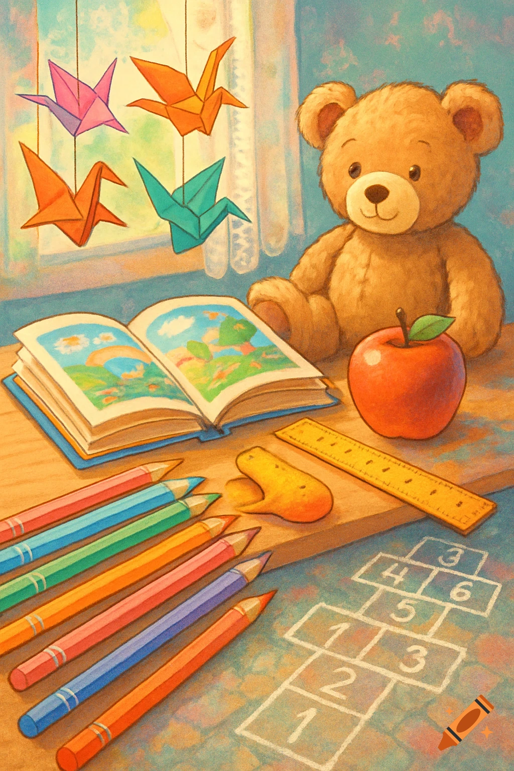 A colorful illustration of school supplies including a teddy bear, open book, pencils, apple, and hopscotch numbers on the floor.