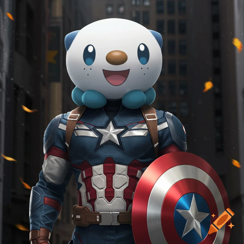 A photorealistic depiction of the Pokémon Oshawott with Captain America's body and shield, standing in a city.
