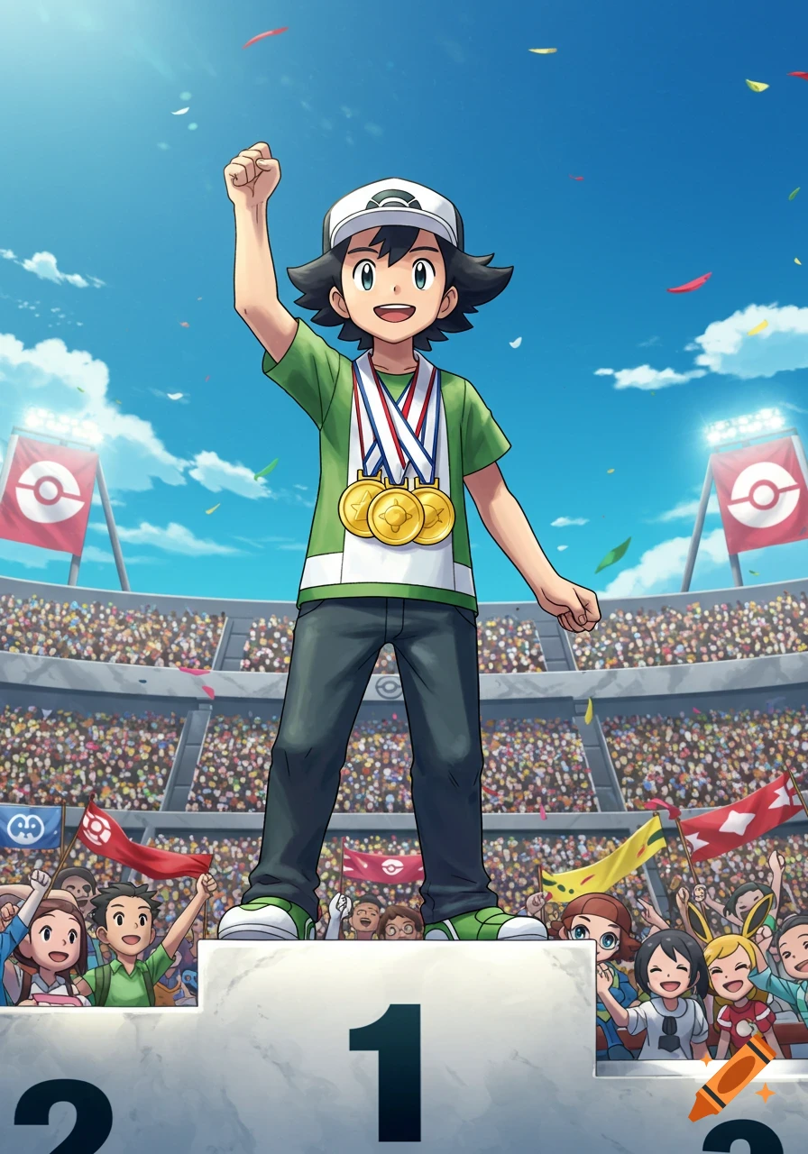 Anime boy, a Pokemon trainer, celebrates on a stadium podium, wearing gold medals and raising a fist.