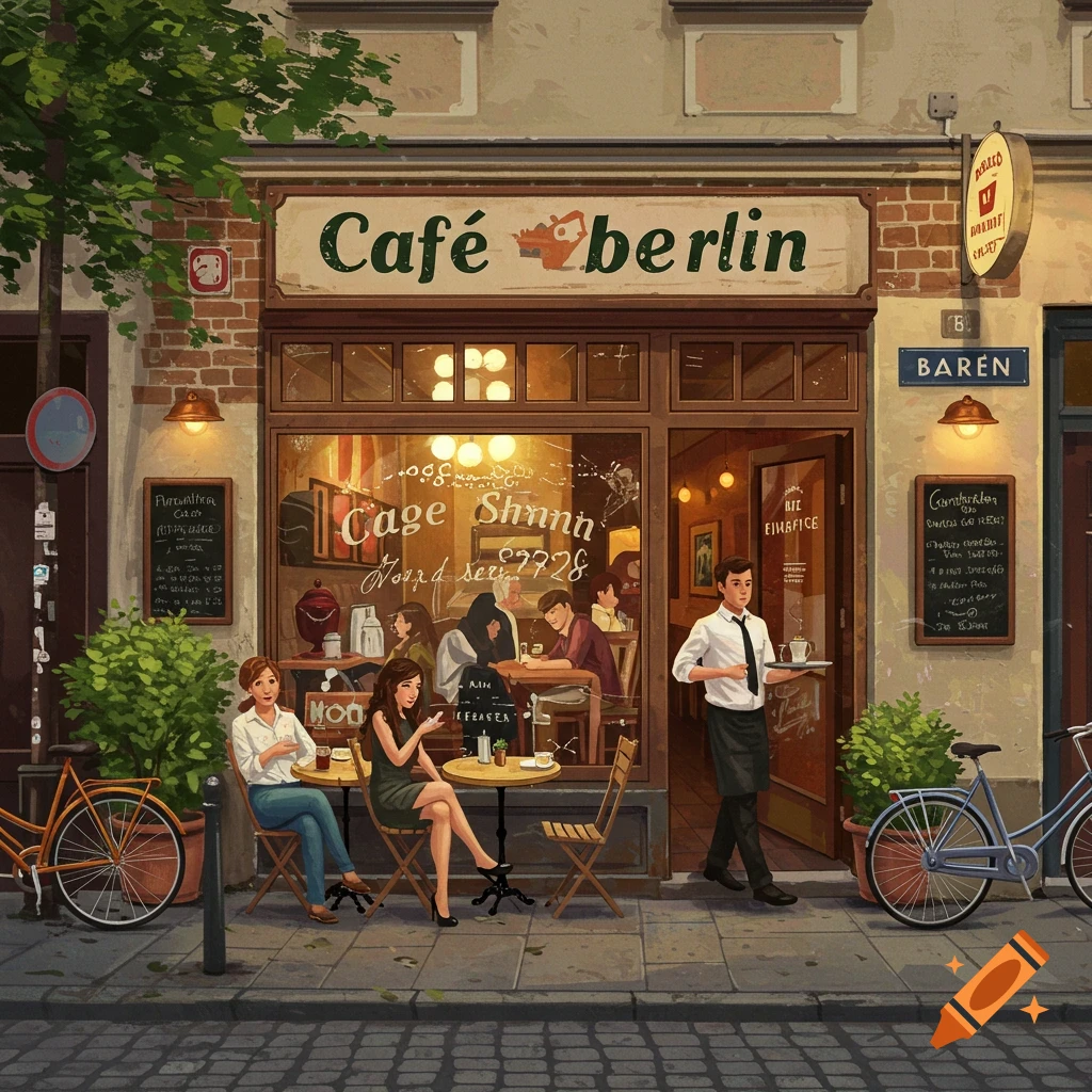 Stylized illustration of a cozy Berlin cafe with people seated outside and a waiter. Bicycles are parked on the cobblestone street.