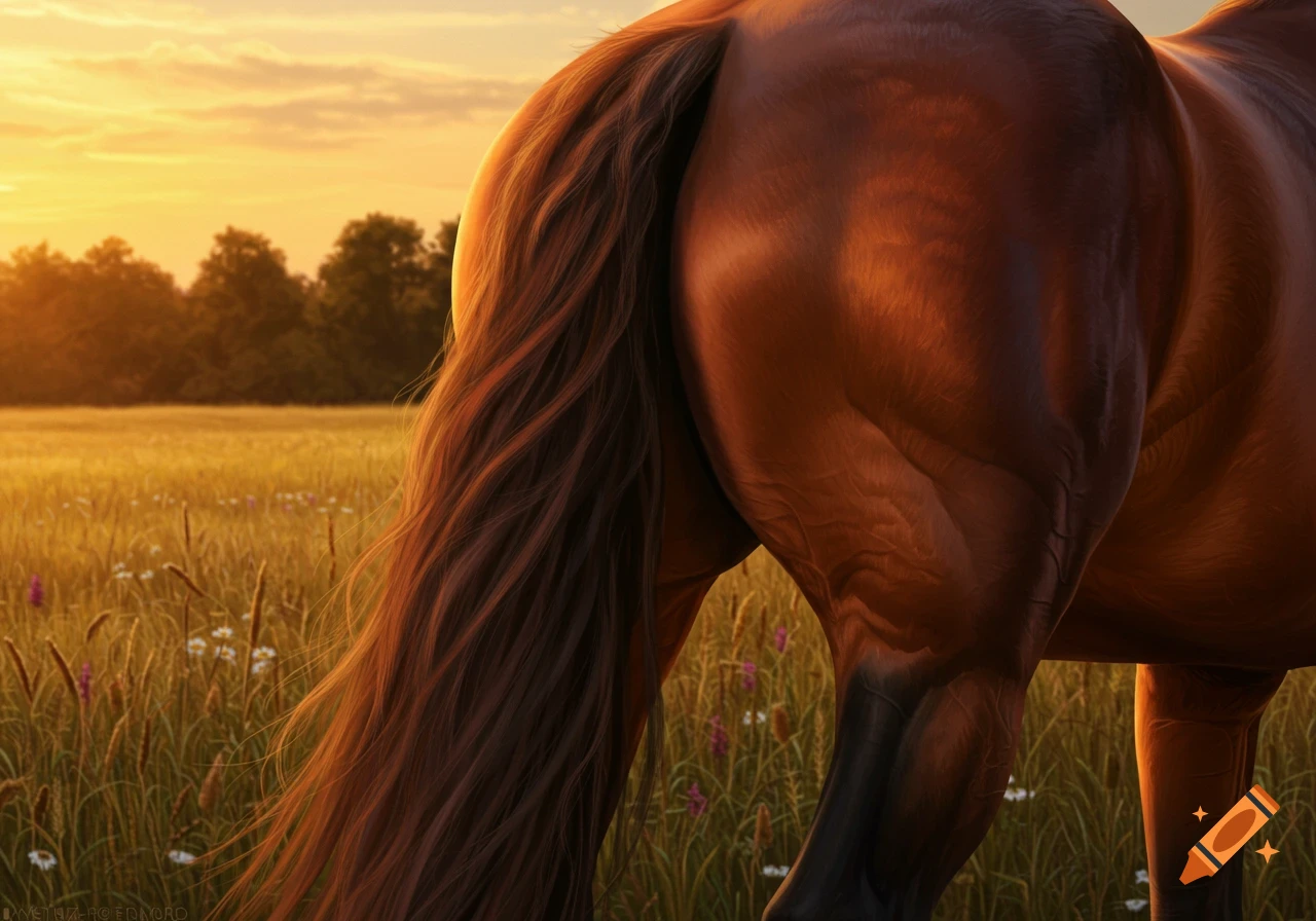 Close-up of a horse's hindquarters and flowing tail in a golden field at sunset.