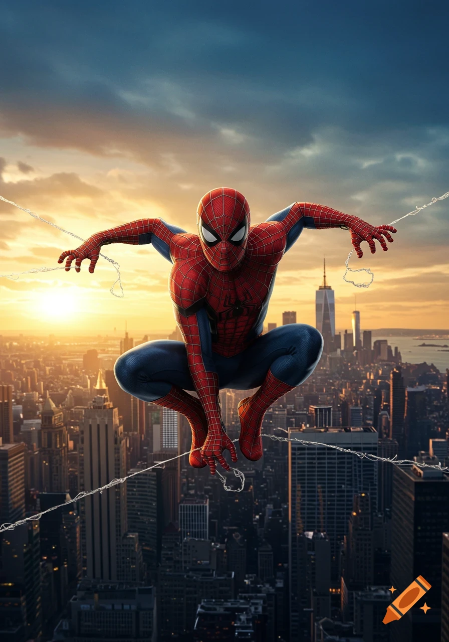 Spider-Man crouches on a web high above a city skyline at sunset, poised for action.
