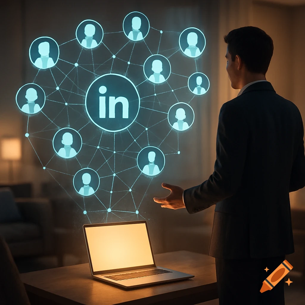 A man in a suit interacts with a holographic LinkedIn network above a glowing laptop in a dimly lit room.