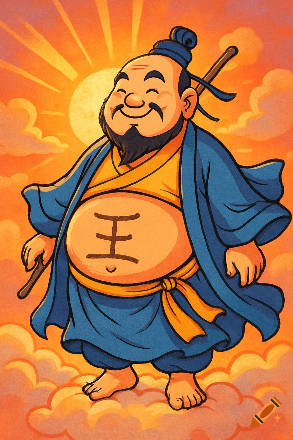 A plump, happy cartoon Taoist priest with a '王' character on his belly, standing on clouds with a sunset background.