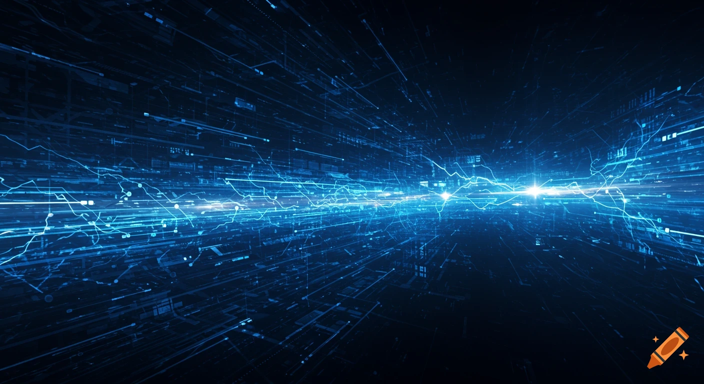 Abstract blue digital background with bright light trails and circuit patterns, evoking technology and speed.