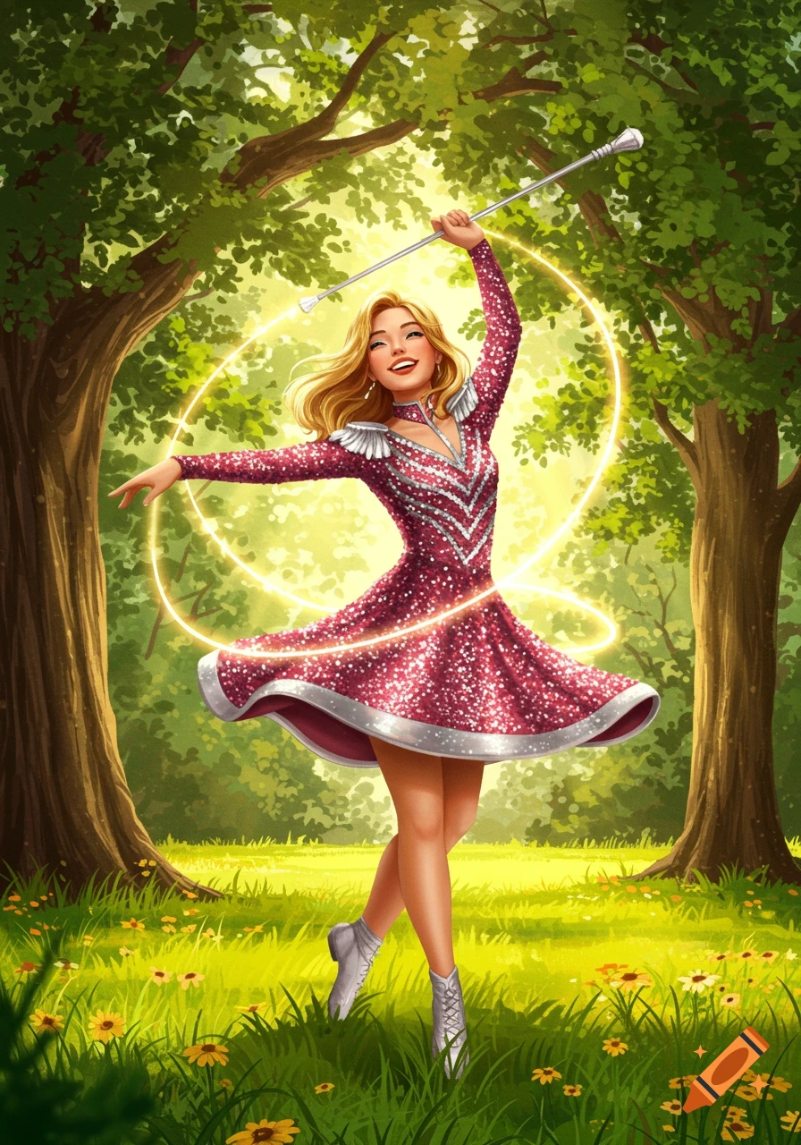 Vibrant illustration of a happy blonde majorette in a sparkly pink uniform twirling a baton in a sunlit forest.
