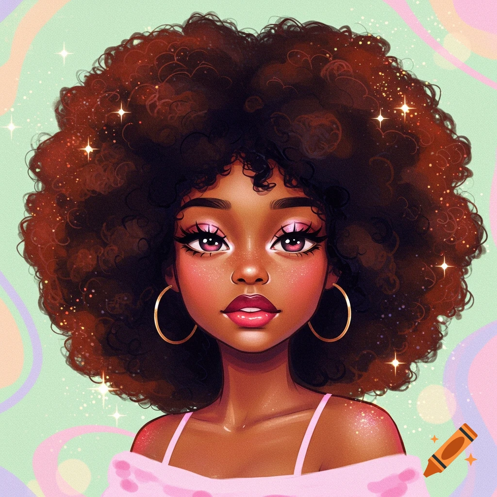 Stylized illustration of a girl with a large afro, long lashes, pink overlined lips, gold hoops, on a pastel background.