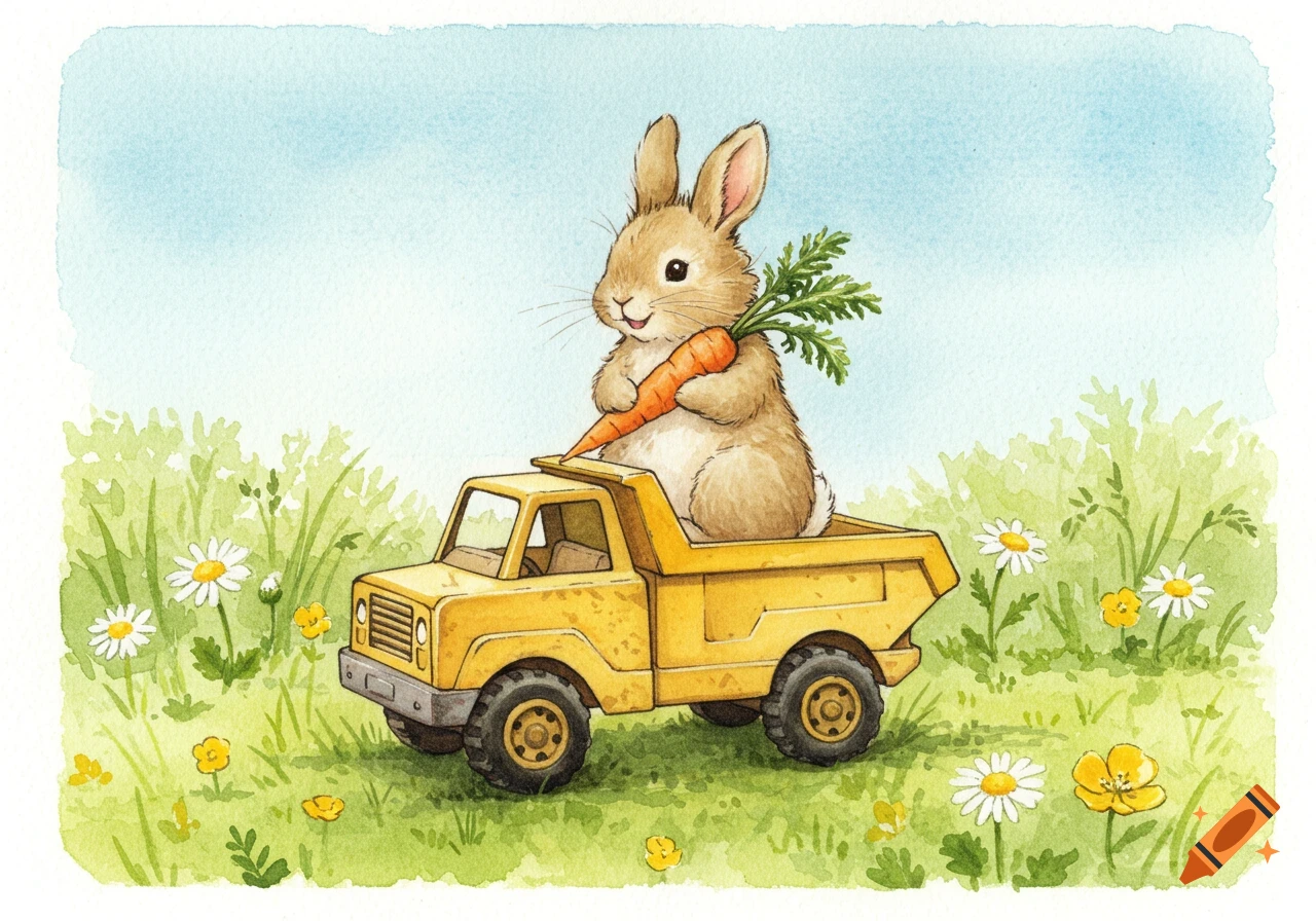 A watercolor illustration of a cute rabbit holding a carrot, sitting in the back of a yellow toy dump truck, in a grassy field with daisies.